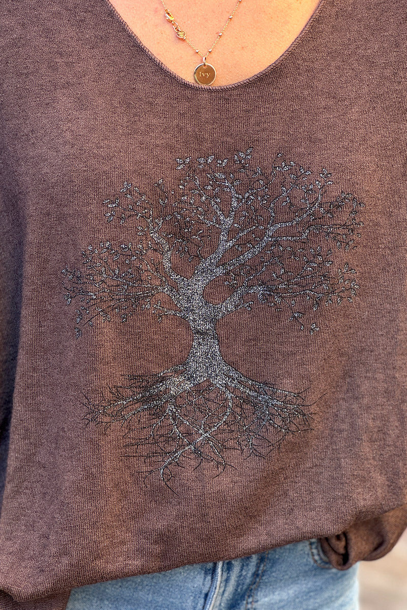 Chocolate Brown Light Weight Sweater with Tree of Life Print