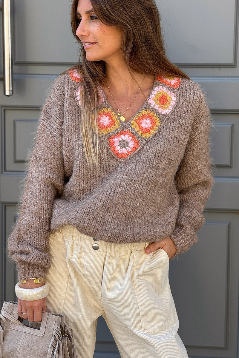 Taupe Crochet Square V-Neck Sweater