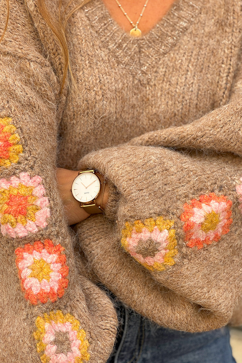 Taupe Wool Blend Sweater with Crochet Square Sleeves