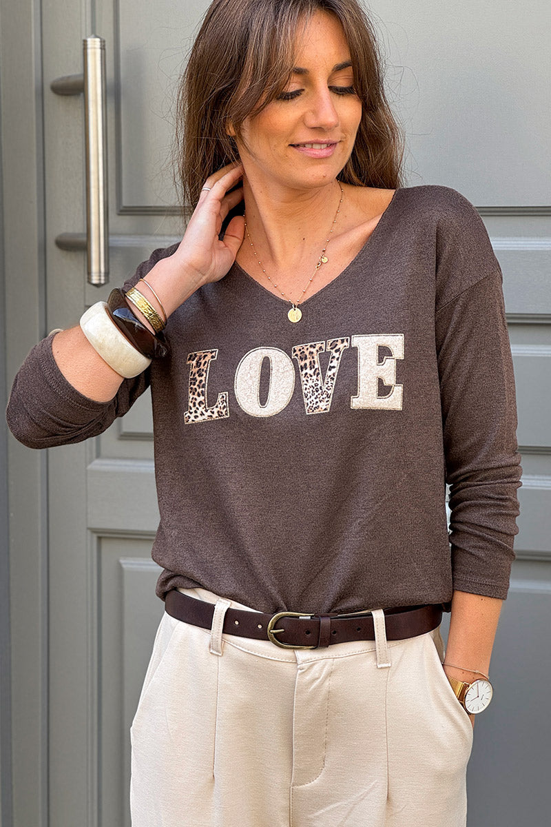 Taupe LOVE Leopard Applique V-Neck Long-Sleeve Tshirt