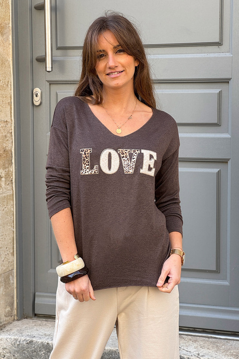 Taupe LOVE Leopard Applique V-Neck Long-Sleeve Tshirt