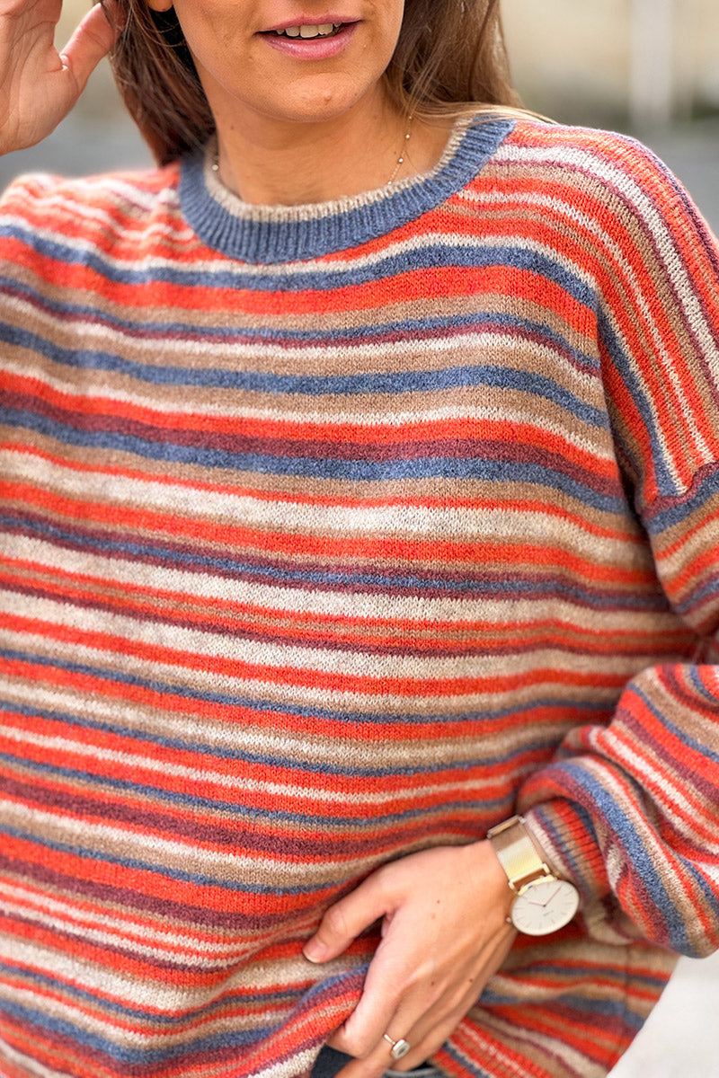 Pull moelleux à rayures beige et terracotta col rond