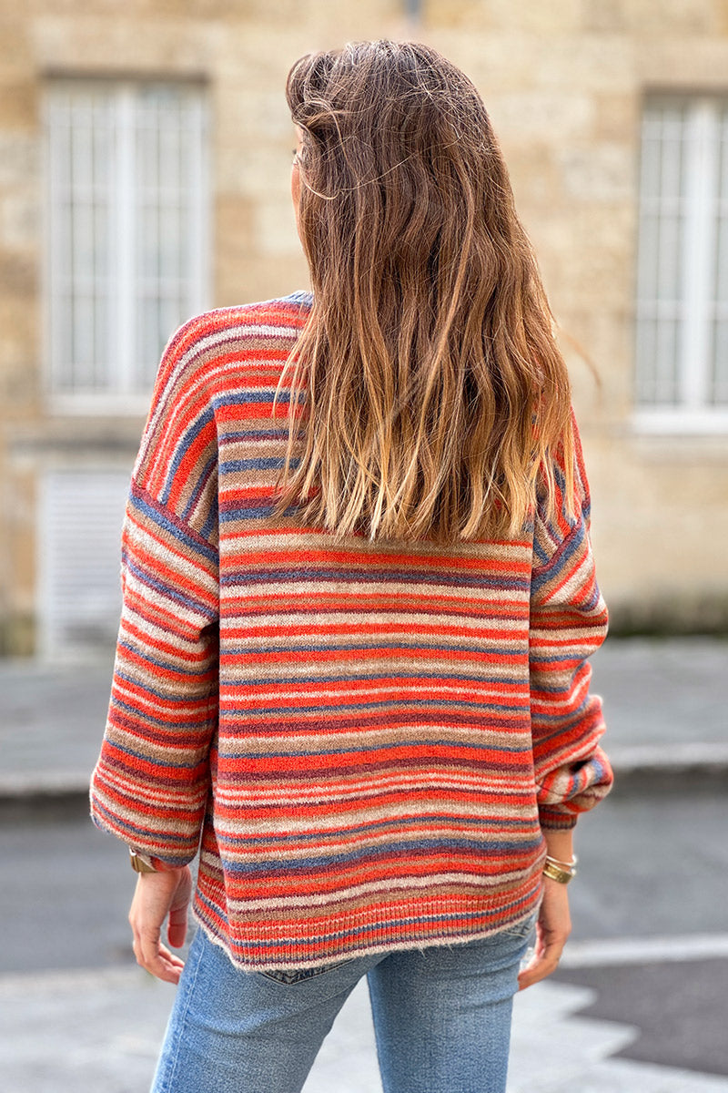 Pull moelleux à rayures beige et terracotta col rond