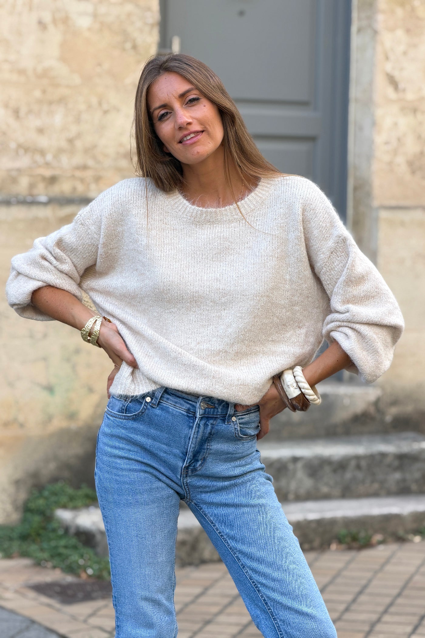 Pull moelleux beige chine col rond manches bouffantes