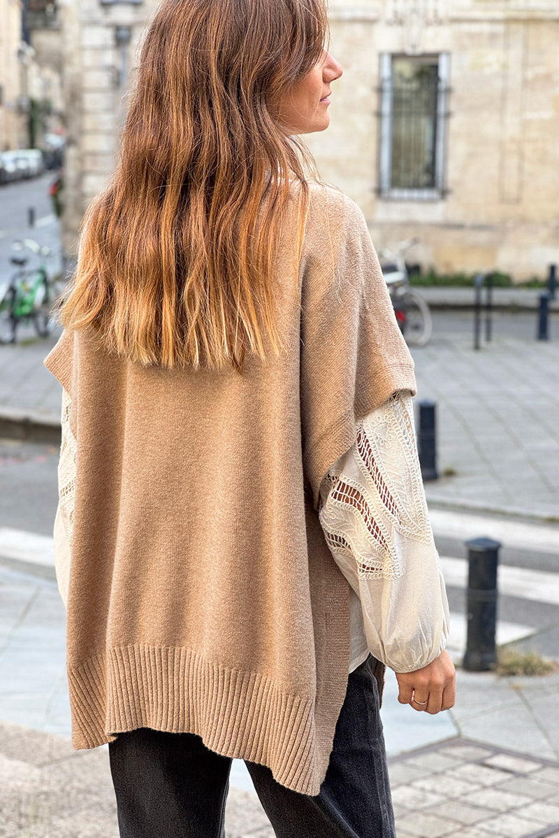 Beige Slouchy Knit Poncho Vest
