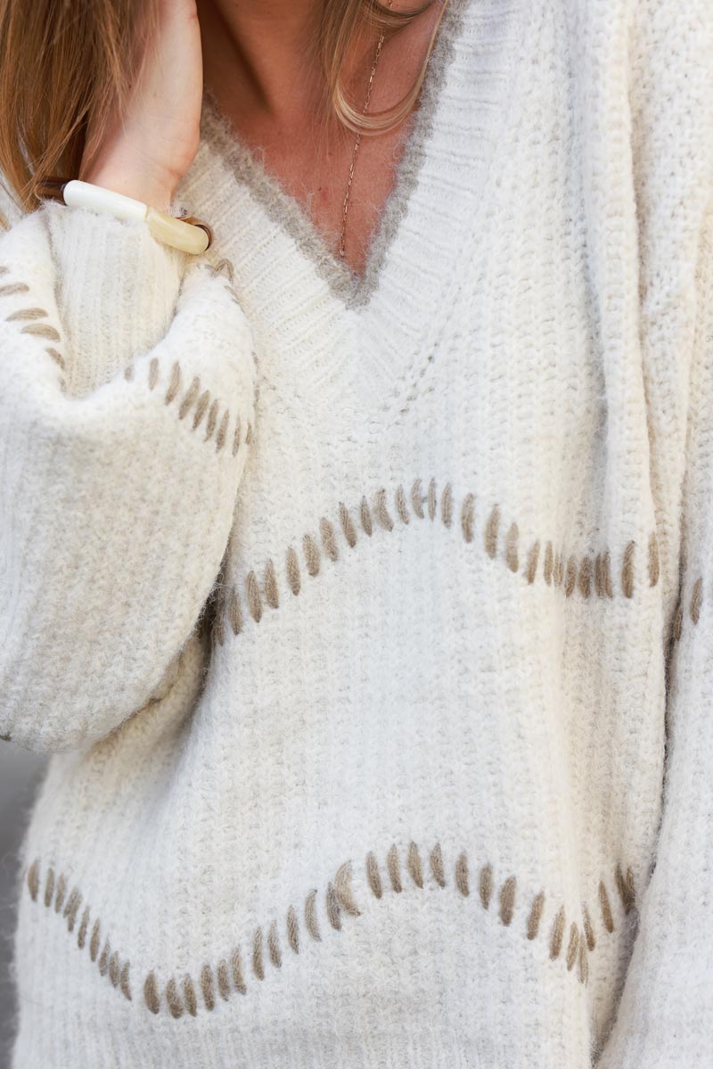 Beige ribbed knit v-neck sweater, taupe wave embroidery