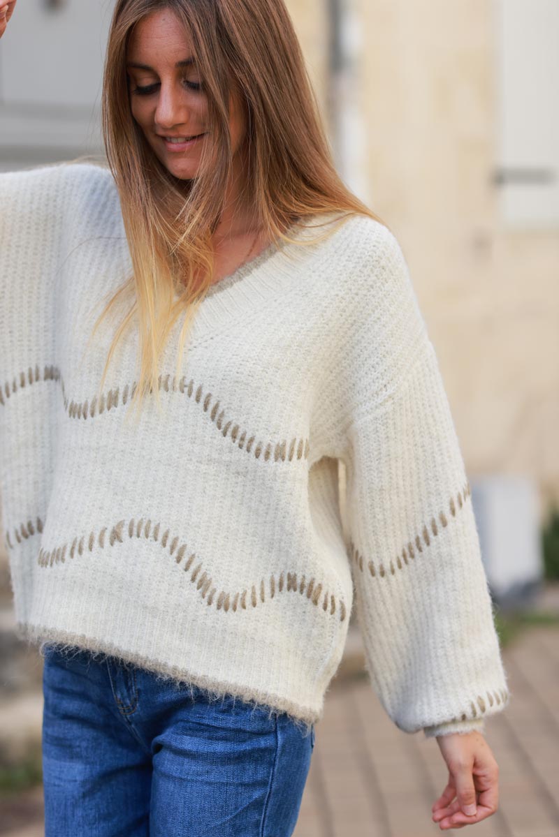 Beige ribbed knit v-neck sweater, taupe wave embroidery