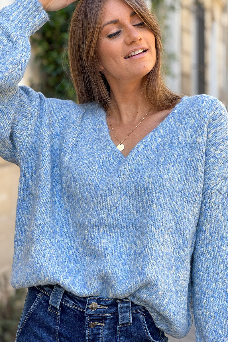 Pull moelleux bleu en maille chinée col v