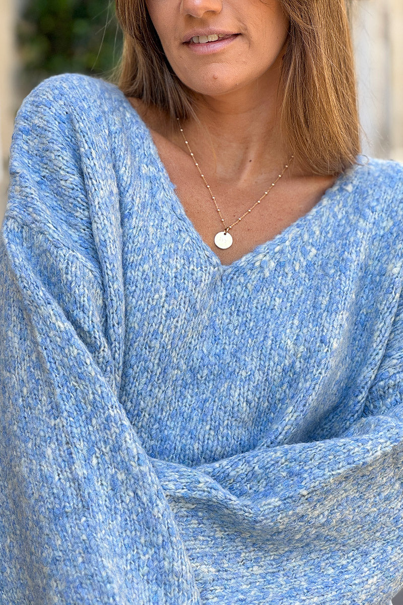 Pull moelleux bleu en maille chinée col v
