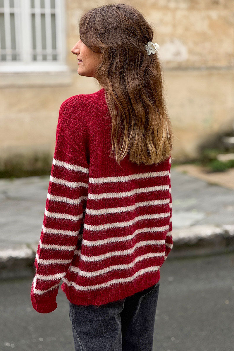 Burgundy/Cream Stripe Wool Blend Sweater with Button Detail