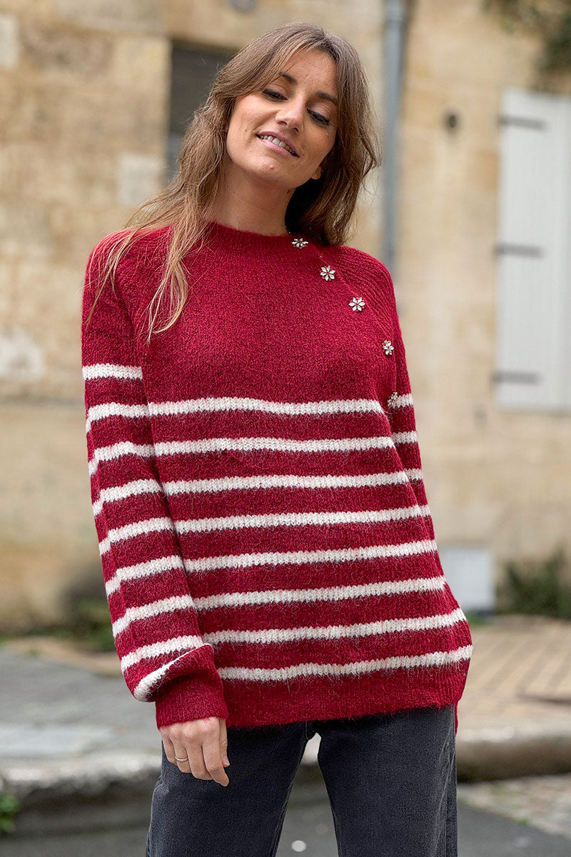 Burgundy/Cream Stripe Wool Blend Sweater with Button Detail