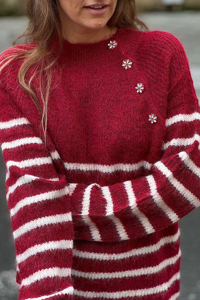 Burgundy/Cream Stripe Wool Blend Sweater with Button Detail