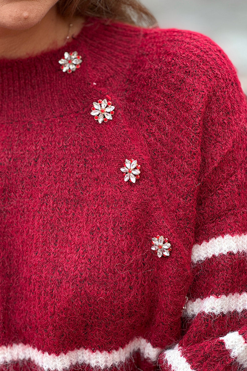 Burgundy/Cream Stripe Wool Blend Sweater with Button Detail