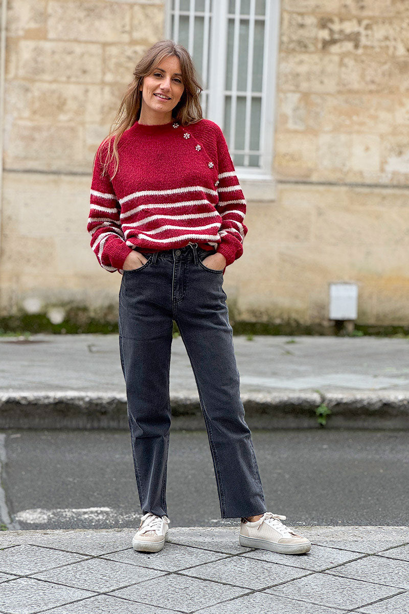 Burgundy/Cream Stripe Wool Blend Sweater with Button Detail