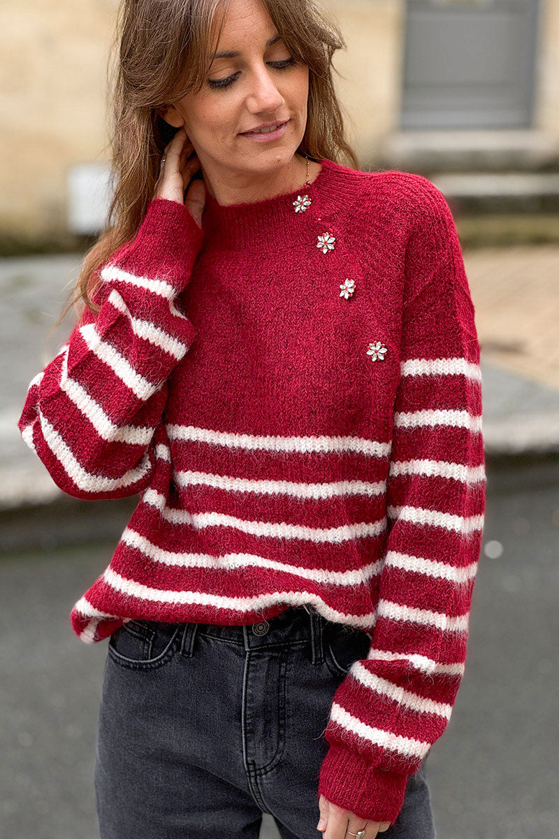 Burgundy/Cream Stripe Wool Blend Sweater with Button Detail