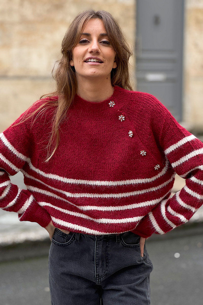 Burgundy/Cream Stripe Wool Blend Sweater with Button Detail