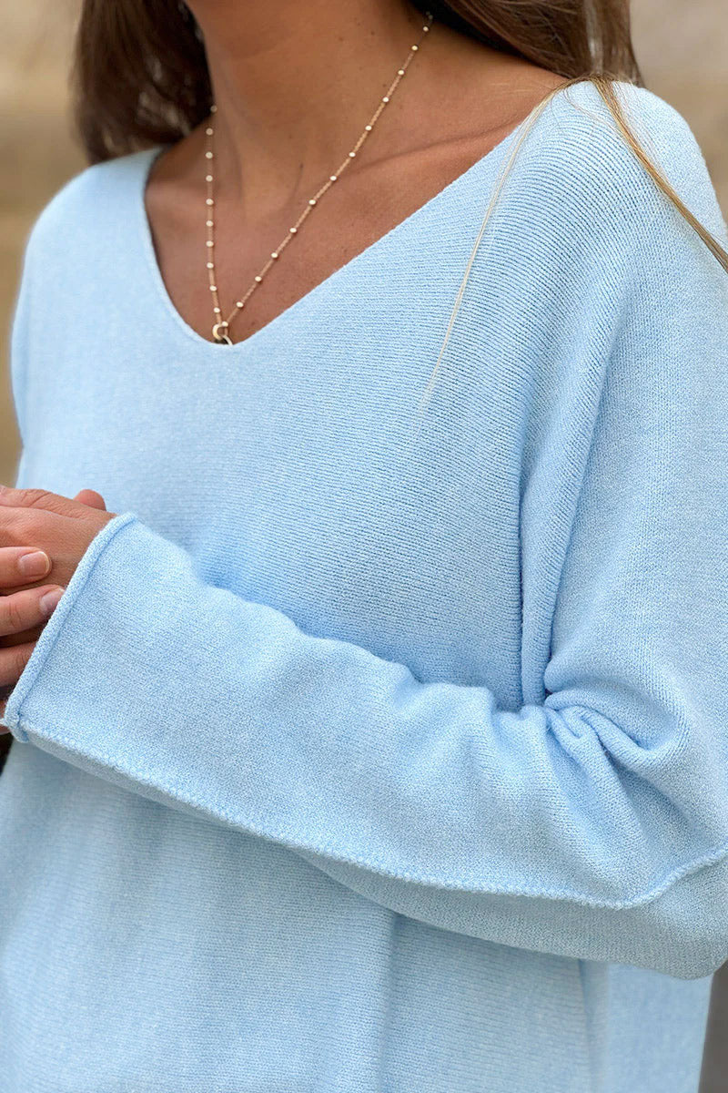Suéter azul celeste súper suave y esponjoso con cuello en V