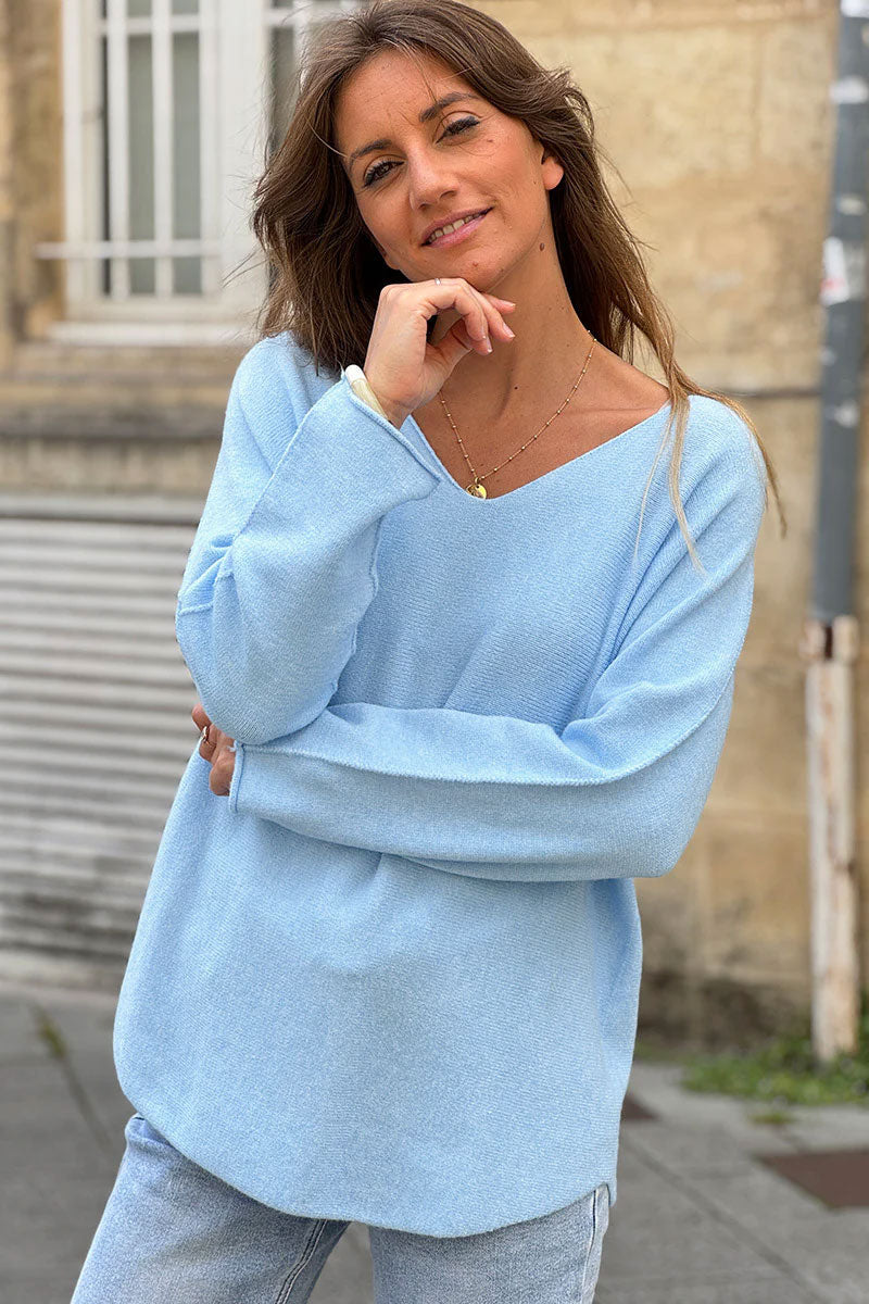 Suéter azul celeste súper suave y esponjoso con cuello en V