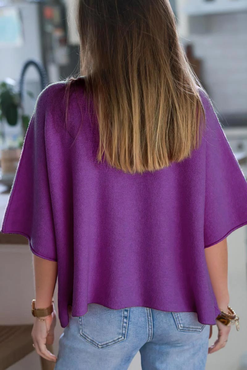 Pull moelleux et doux violet à manches chauve-souris et col rond