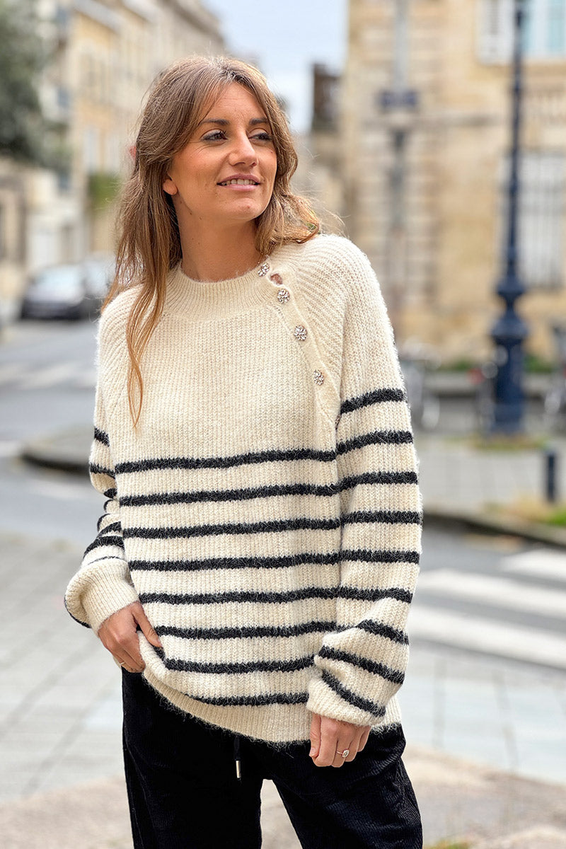 Cream/Black Stripe Wool Blend Sweater with Button Detail