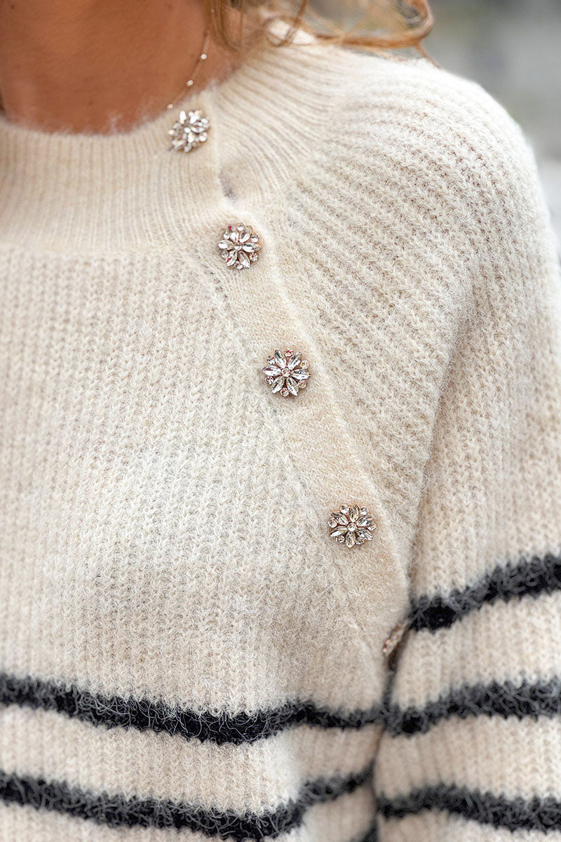 Cream/Black Stripe Wool Blend Sweater with Button Detail