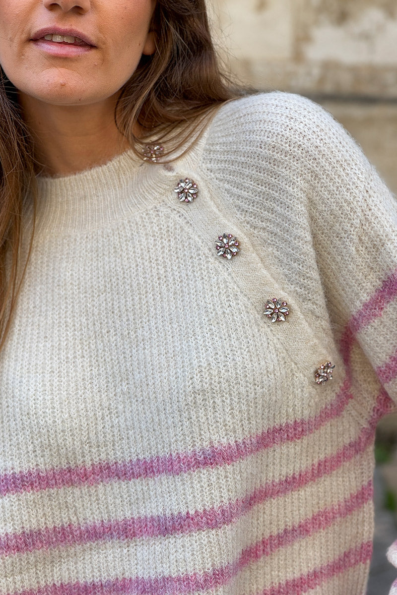 Cream/Pink Stripe Wool Blend Sweater with Button Detail