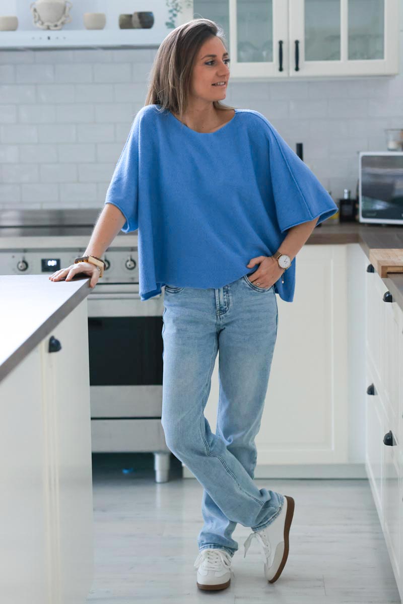 Blue Knit Batwing Blouse