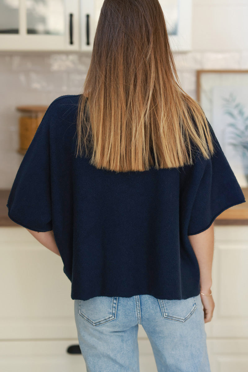 Navy Blue Knit Batwing Blouse