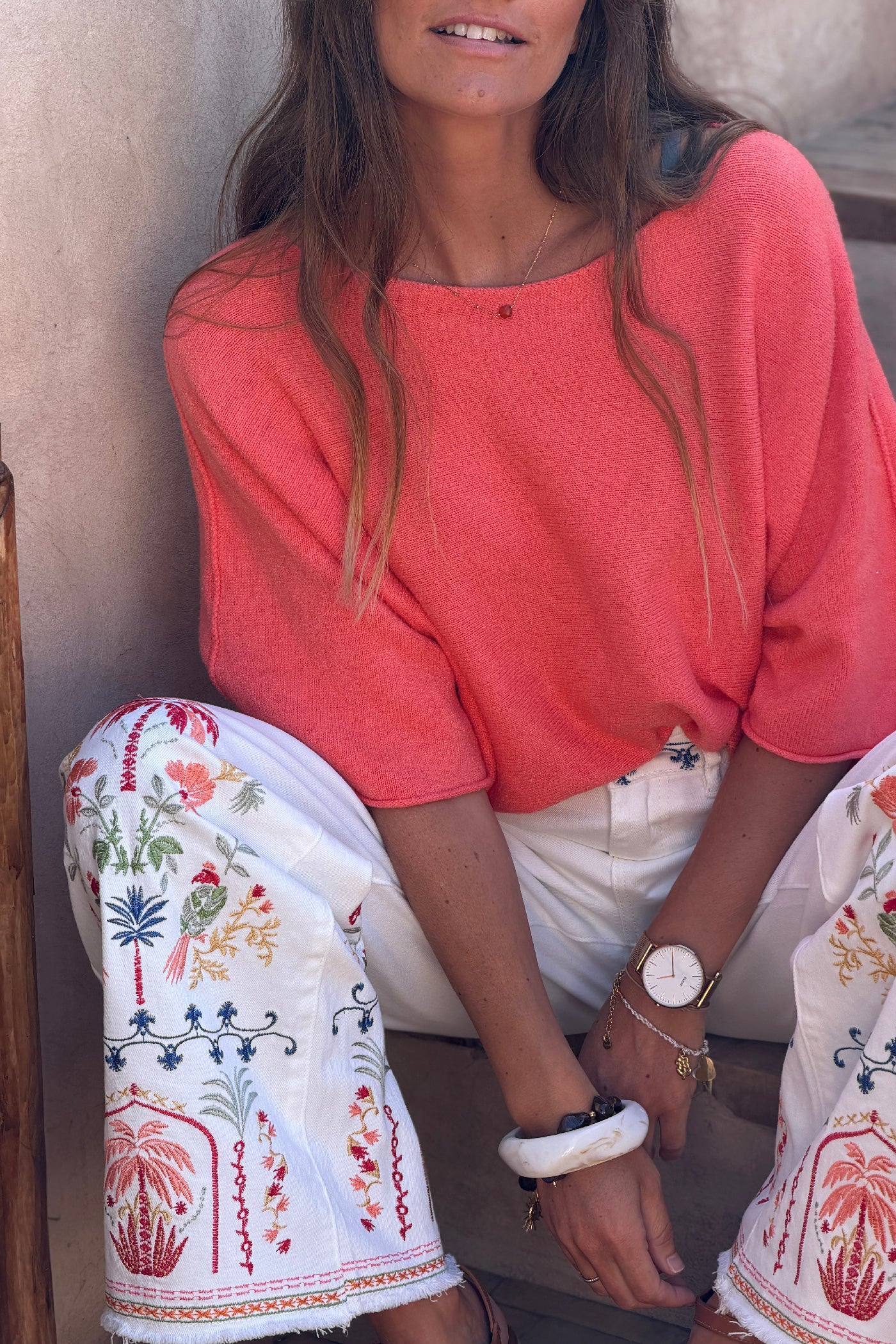 Coral Knit Batwing Blouse