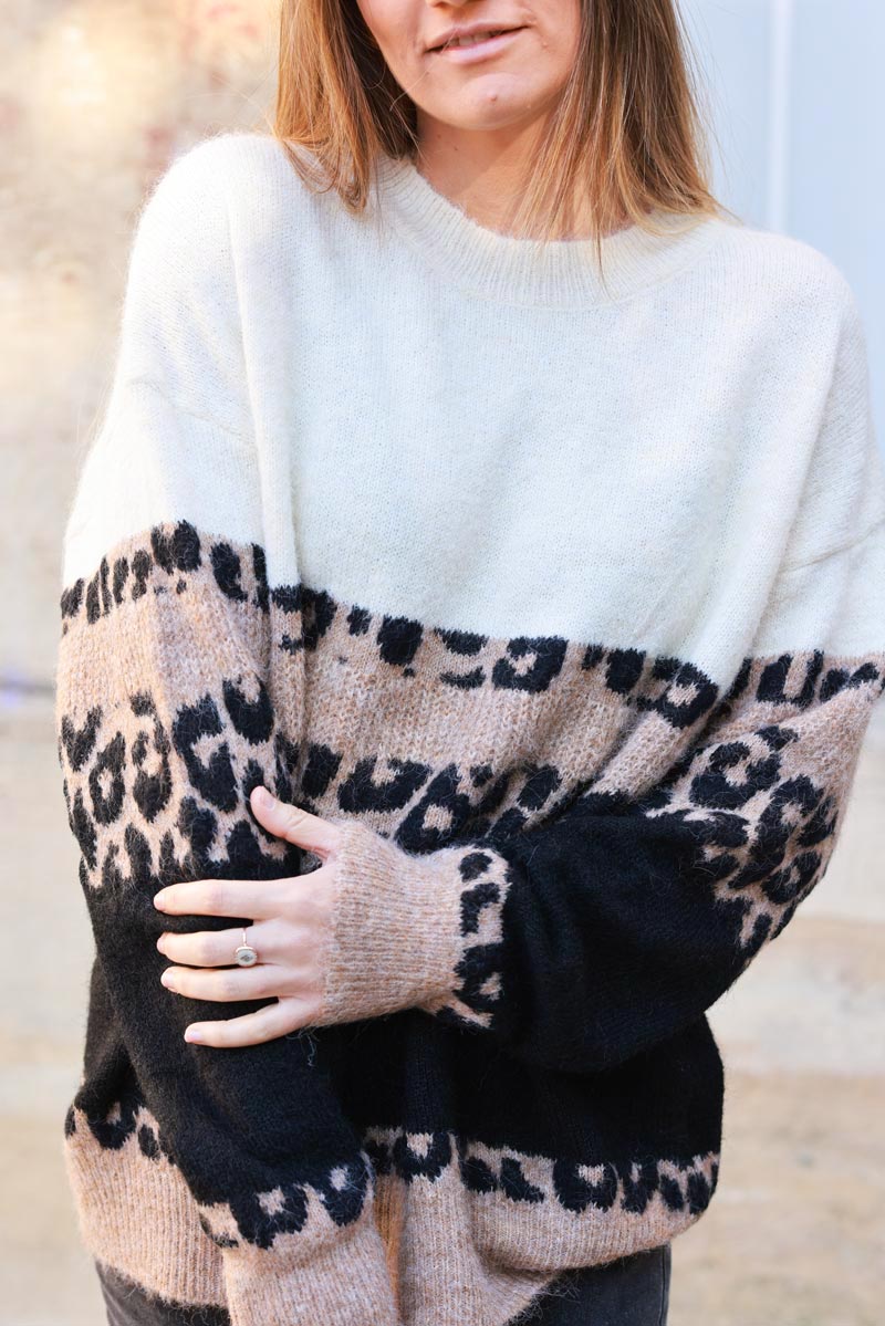 Cream Leopard Stripe Knit Sweater