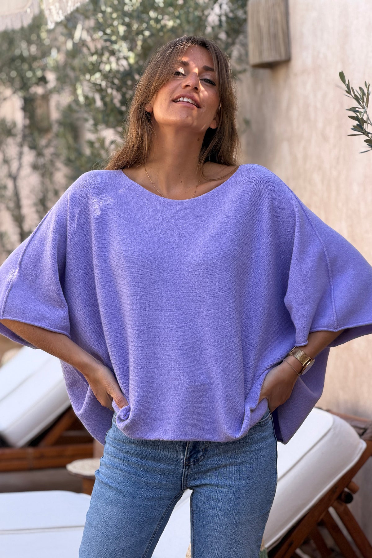 Pull moelleux et doux lilas manches chauve souris col rond - Horizons ...