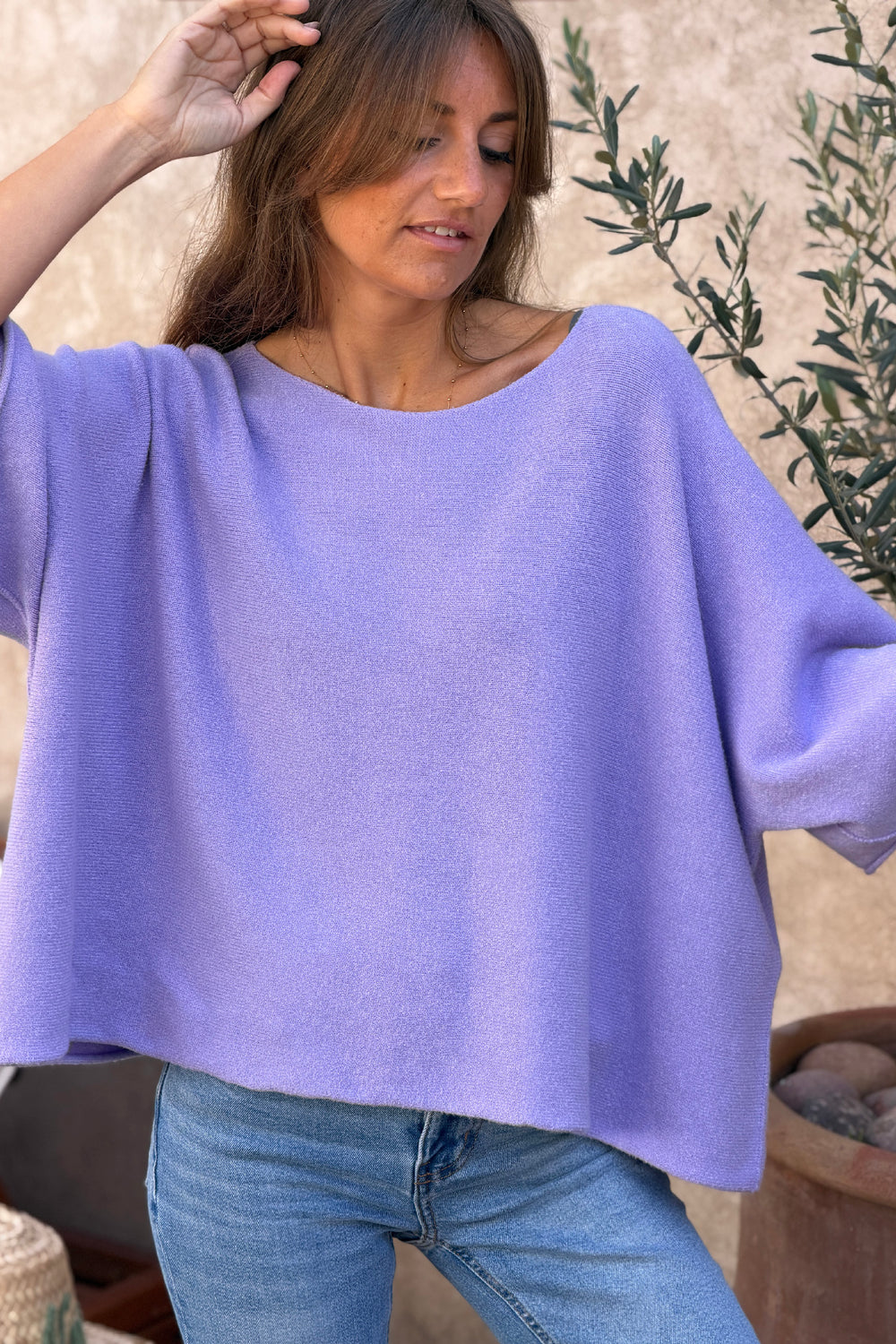 Pull moelleux et doux lilas manches chauve souris col rond - Horizons ...