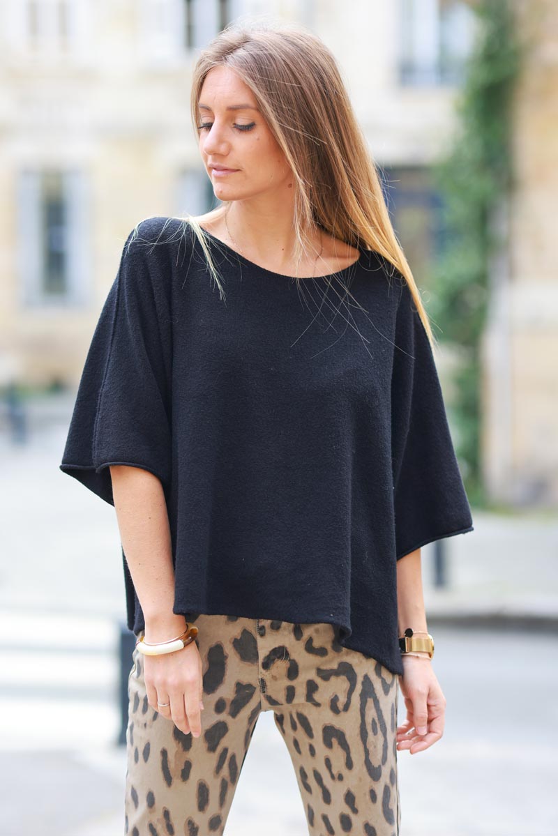 Black Knit Batwing Blouse