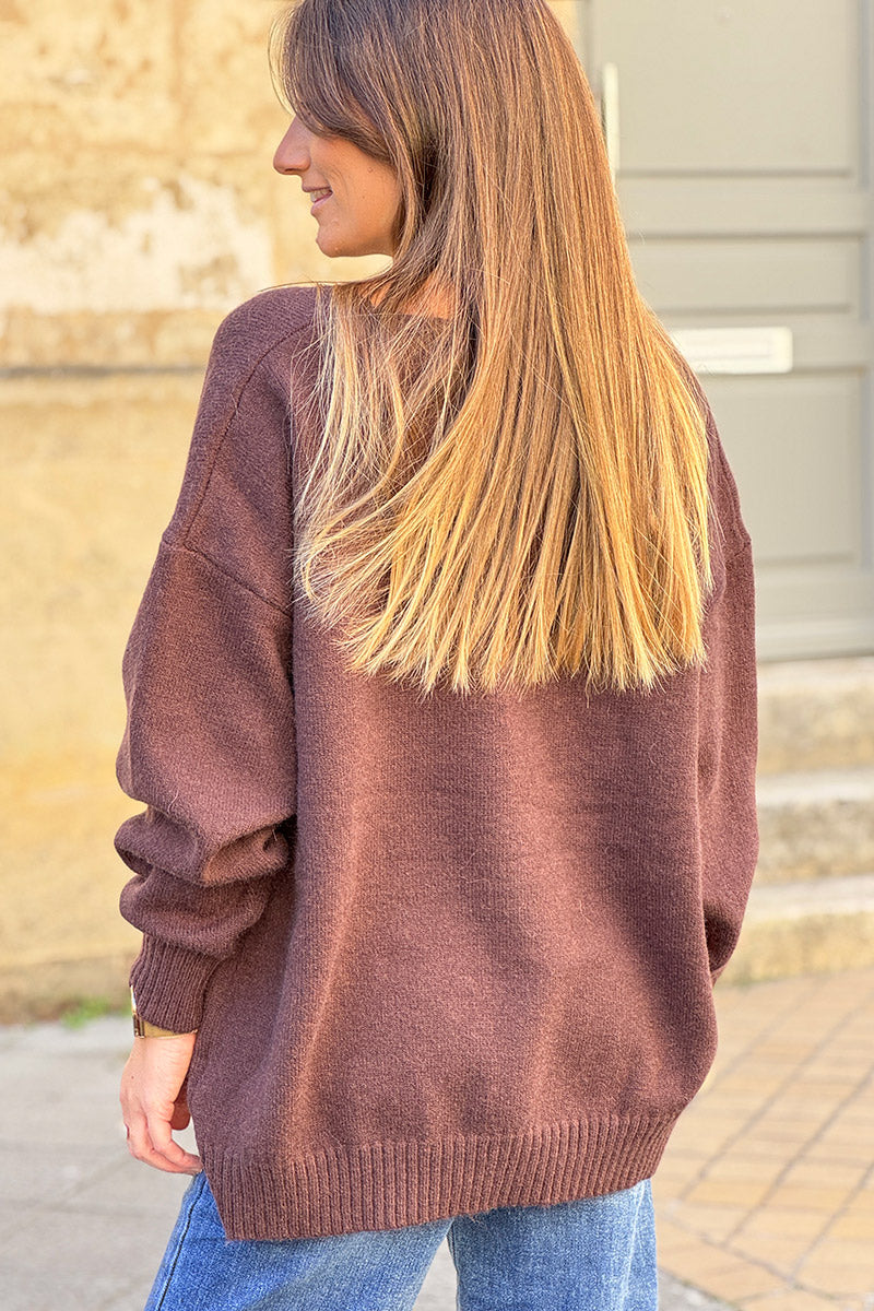 Pull moelleux et large marron en petite maille broderie ROCK tons automnes pompons fleurs