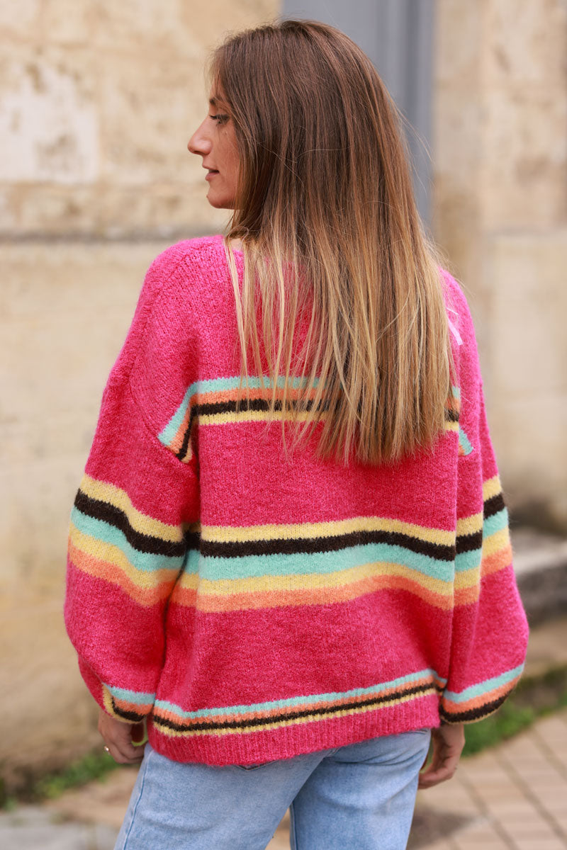 Fushia pink Multi-Stripe Knit Sweater 