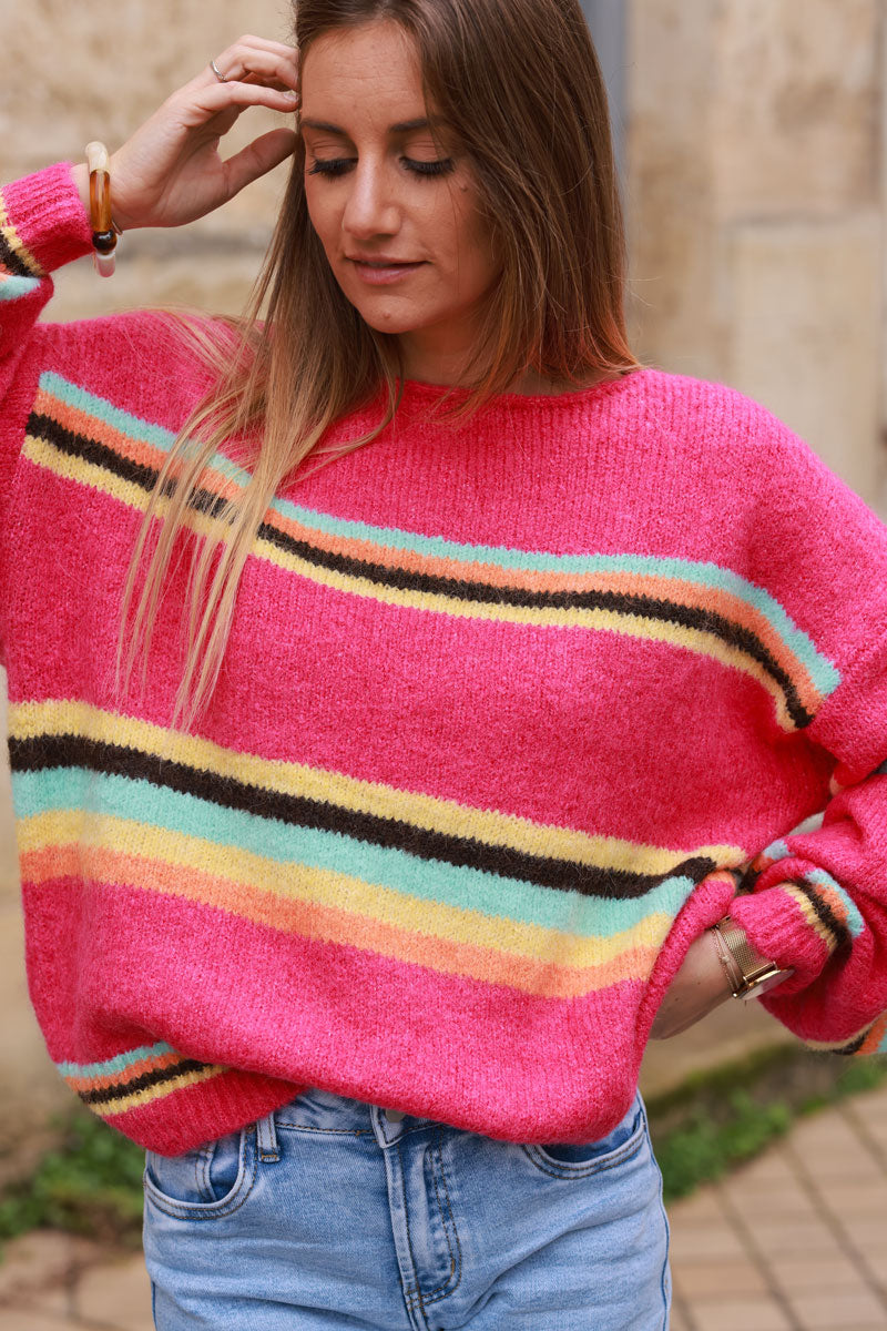 Fushia pink Multi-Stripe Knit Sweater 