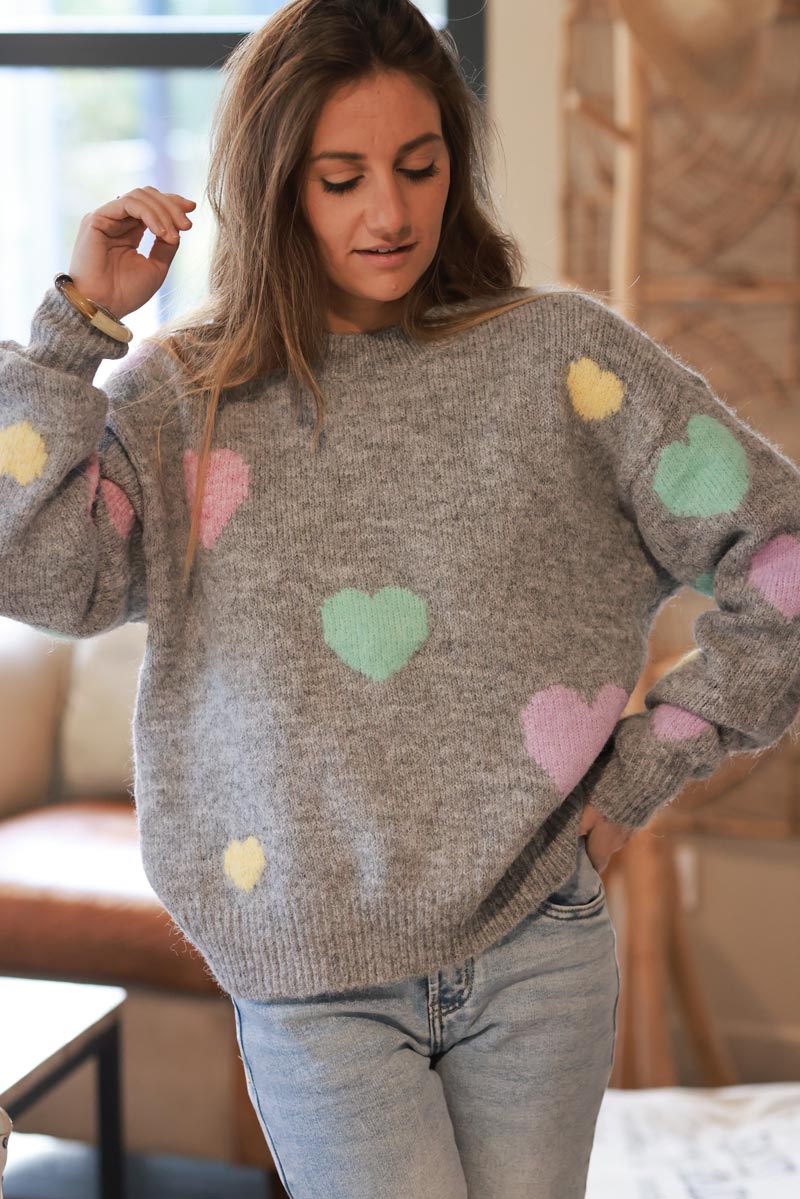 Heather Gray Valentine Hearts Wool Blend Sweater