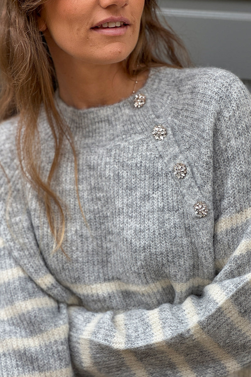 Gray/Cream Stripe Wool Blend Sweater with Button Detail