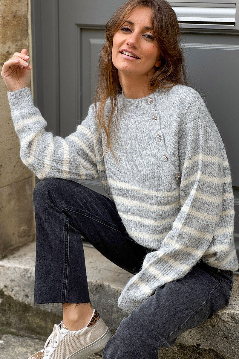 Gray/Cream Stripe Wool Blend Sweater with Button Detail