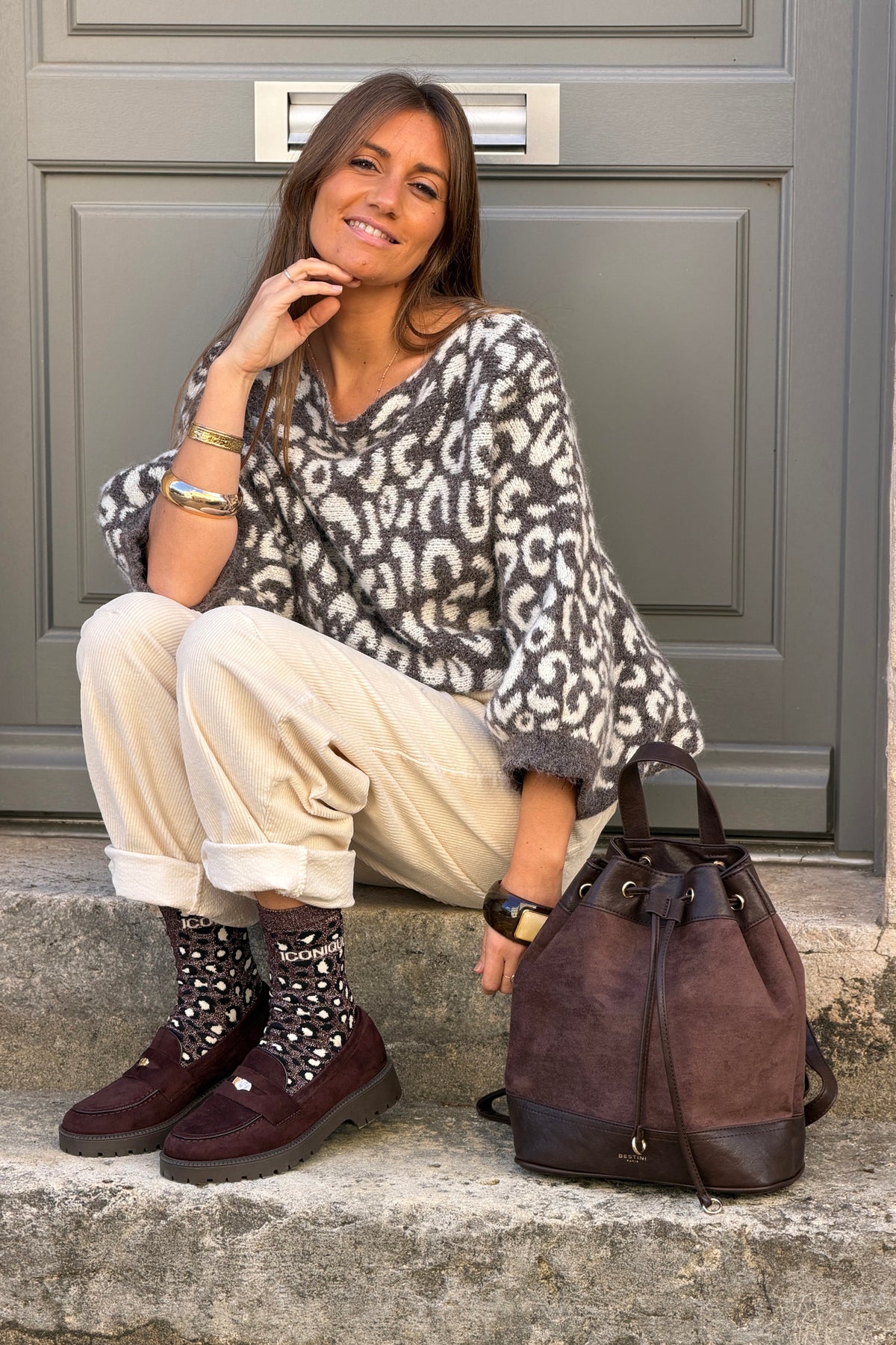 Pull moelleux marron clair motif léopard manches chauve souris