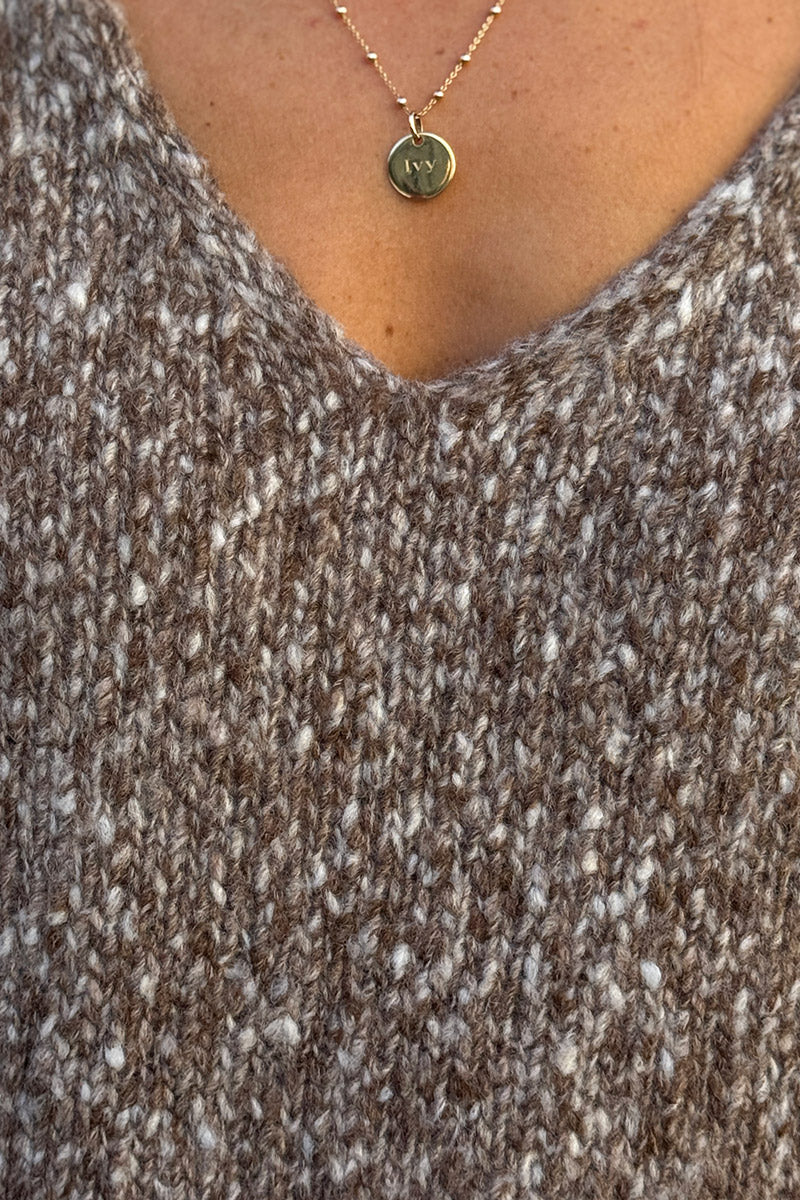 Pull moelleux marron en maille chinée col v