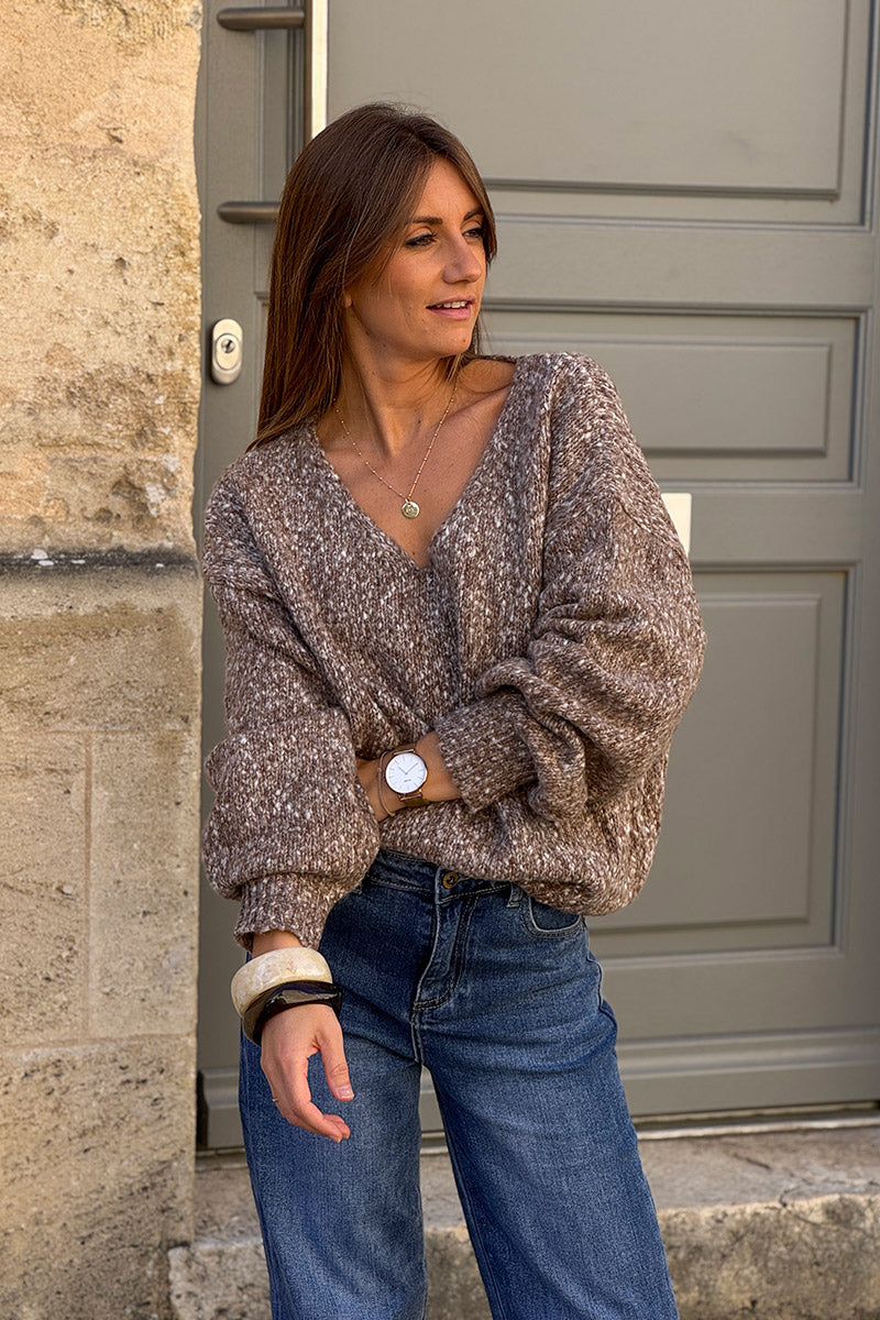 Pull moelleux marron en maille chinée col v