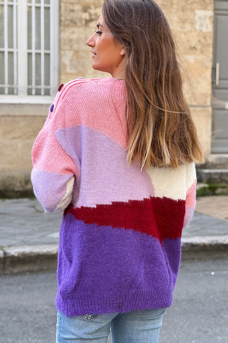 Pink Abstract Art Sweater with Buttons