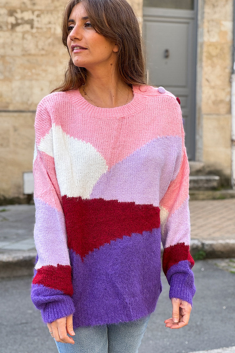 Pink Abstract Art Sweater with Buttons
