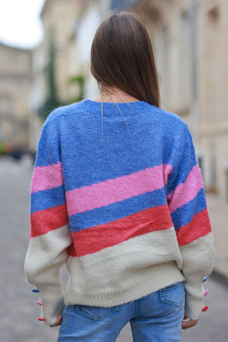 Soft sweater with blue and pink graphic stripes