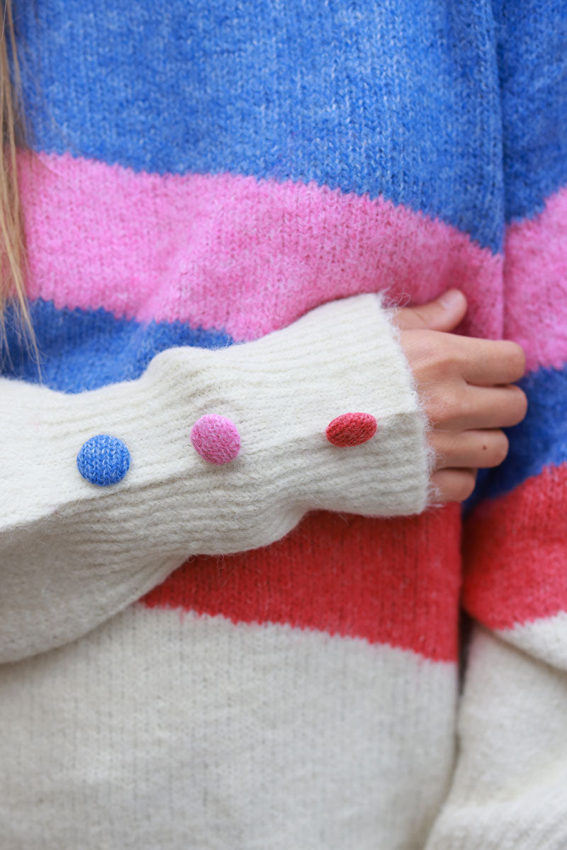 Soft sweater with blue and pink graphic stripes