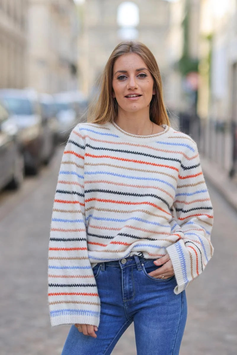 Pull moelleux rayures colorées style chevrons col rond