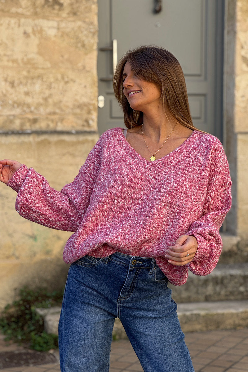 Pull moelleux rose en maille chinée col v