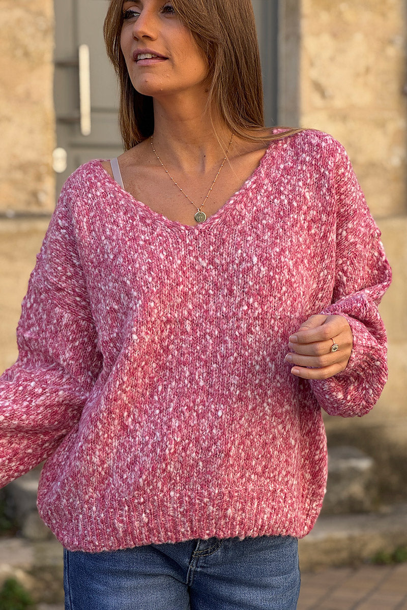 Pull moelleux rose en maille chinée col v