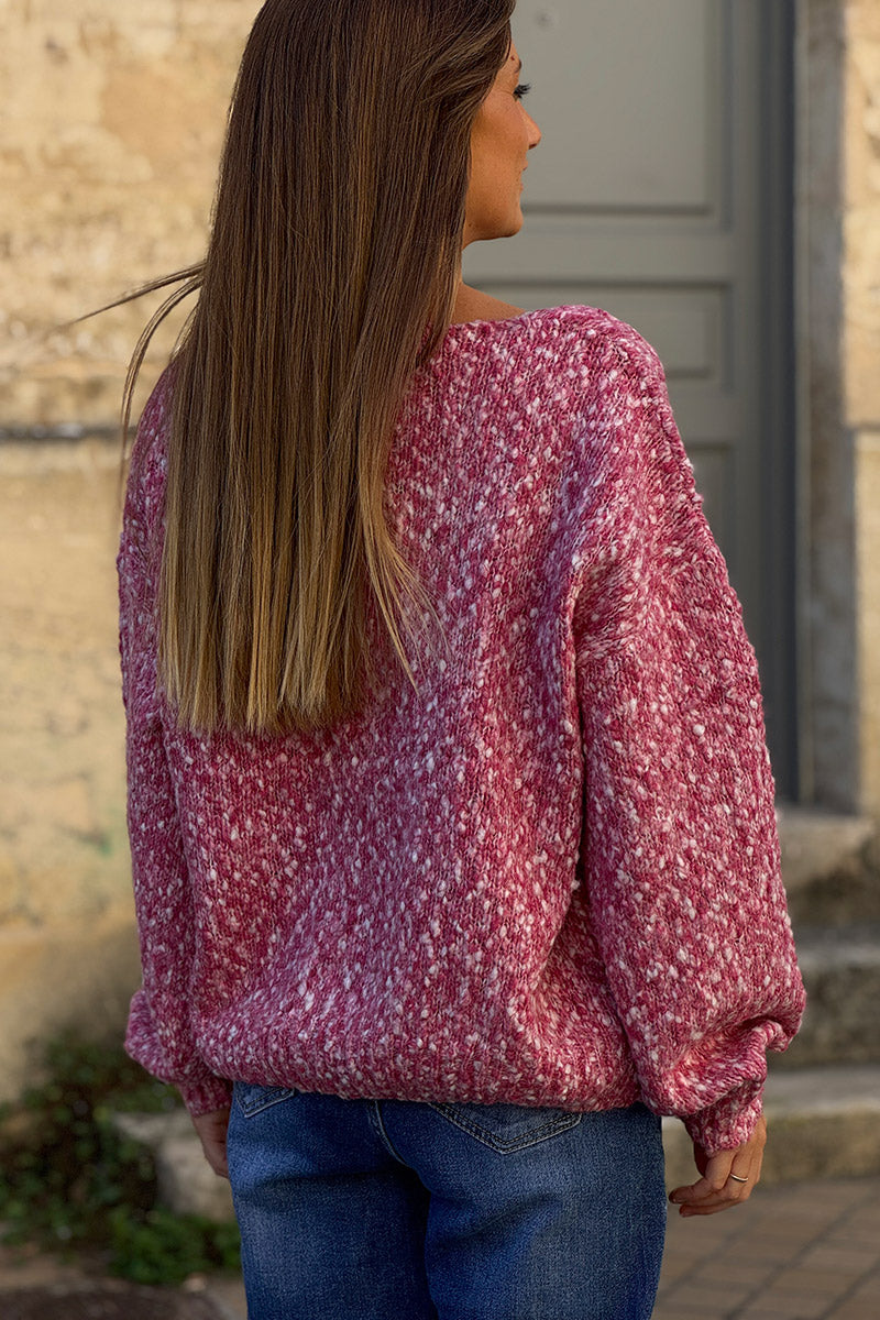 Pull moelleux rose en maille chinée col v